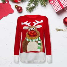 Women's 3D Rudolph Nose Christmas Jumper with LED Flashing Lights Xmas Party UK