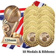 Cricket Trophy & 10 Cricket Medals, Cricket Trophy Pack, 120mm Cricket Award