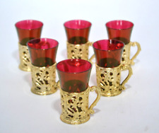6 x Small Vintage Turkish Tea Glasses Cranberry Glass with Gold Plastic Holders