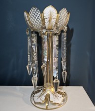 Antique 19th Century Bohemian Glass Lustre Gold Candlestick Holder Vase