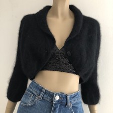 Vintage Monsoon 90s Y2K Black Angora Mohair Blend Shrug Bolero Cardigan • L