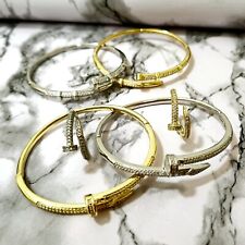 Unisex Nail Gold Bangle Silver Bracelet Ring Icy Bling Simulated Diamonds 17cm