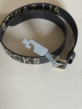 ALL SAINTS ROCKS STUDDED LOGO LEATHER BELT IN BLACK/WARM BRASS L