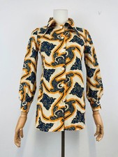 Vintage 70s Cream Navy Orange Psychedelic Print Dagger Collar Shirt 8