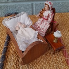 Dolls House  Miniatures Mother And Baby  Dolls and  Wooden  Nursery  Furniture