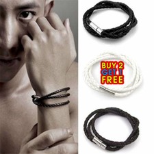 Men Handmade Leather Braided Surfer Wristband Bracelet Bangle Steel Clasp 