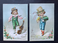 VICTORIAN GREETING CARDS  x  2  VALENTINES YOUNG BOY MUSICAL INSTRUMENTS
