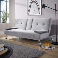 Double Sofa Bed Folding Chair Armrests Grey Crushed Velvet Metal Legs Couch