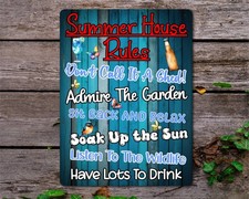 Garden Metal Sign Gift - Summer House Rules - Sit Back & Relax - Blue - Present