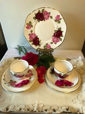Vintage Clare China Co Longton x 2 Trios tea sets/ Claret & Pink Rose Motif 6Pcs