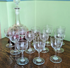 12 ANTIQUE PORT or SHERRY GLASSES ~ EDWARDIAN C1900 ETCHED SPIRAL ~ HANDMADE