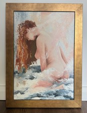 Corine Thinon Hand Signed Textured Oil Painting Print Nude  Naked Woman in Sea