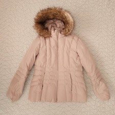 Calvin Klein Beige Duck Down Puffer Coat Faux Fur Hood Winter Warm Womens M