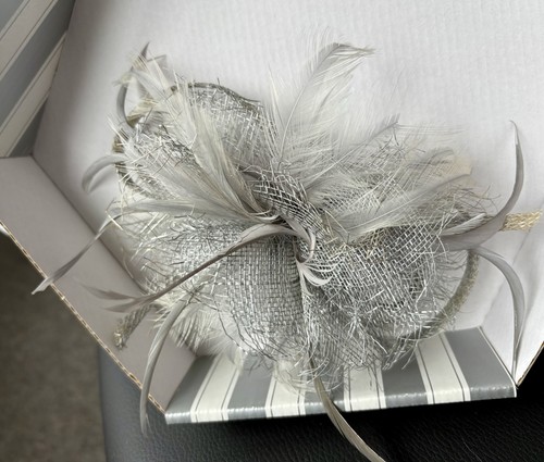 Grey silver fascinator comb - on,