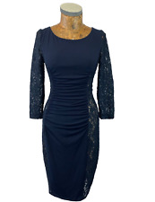 PHASE EIGHT DRESS 10 NAVY BLUE Floral Lace Trim Knit Jersey Sheath Stretchy Midi