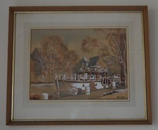 Ronald Dean (British 1929) Harbour Scene Boat on Dock Large Watercolour Signed