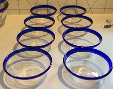 Set Of 8 Bergdala Sweden Swedish Glass Bowls Blue Applied Rim 6 Inch With Label