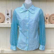 Vintage 1970s Shirt Blouse Blue Dogtooth Beagle Penny Collar 38” Bust St Michael