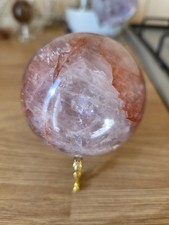 Large Fire Quartz Crystal Sphere Rainbows , With Gold Stand , 7cm 508g Stunning