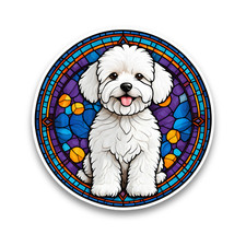 Cute Bichon Frise Dog Puppy Faux Stained Glass Window Opaque Vinyl Sticker Decal