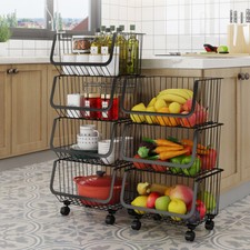 Metal Wire Stackable Fruit Vegetable Basket Rack on Wheels Kitchen Storage Shelf