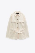 Zara Ecru Belted Corduroy Shirt Jacket Tie Belt Waist Distressed Shacket Size XS