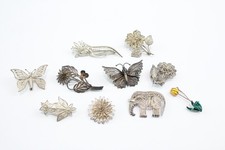 Mixed Grade Silver Brooches Filigree Enamel Nature Elephant x 10 (55g)
