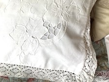 Vintage White Hand Embroidered Lace Edge Cushion Cover 41x43cms