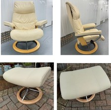 Ekornes Stressless M ‘Aura’ cream leather signature base recliner chair + STOOL