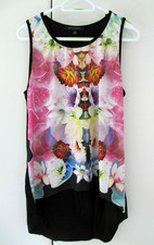 'QED London' Black Floral Top - Size S/M  UK 12