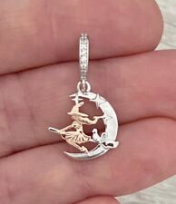 Witch And Cat Charm 925 Sterling Silver & Rose Gold Moon Gift