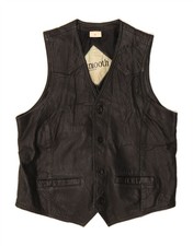 VINTAGE Mens Leather Waistcoat Large Black Leather DQ02