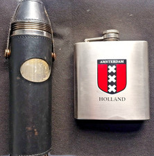 2 vintage flasks both stainless steel - a hip flask and a shot bottle flask.