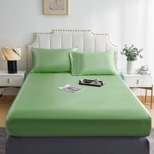 Double Fitted Bedding Sheet Deep Pocket Satin Silky Bed Sheet Green 138*190*36cm