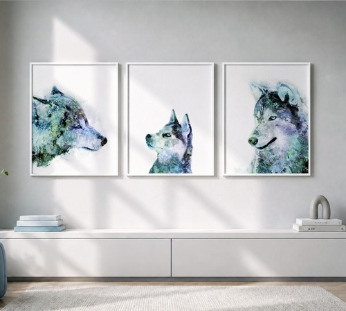 Blue wolf family wall art - blue, set