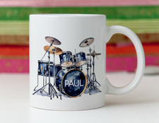 PERSONALISED NAME BLUE DRUM KIT DRUMS MUG CUP TEA COFFEE MUSIC DRUMMER