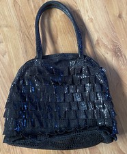 ladies black layered leather look handbag double handles per una M&S vgc Shiny