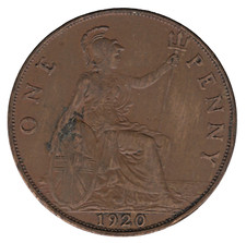 1920 Great Britain One Penny Coin – King George V Bronze UK Coin