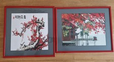 Pair Vintage Chinese Silk Embroidery Wall Art Trees Pagoda Mounted Framed