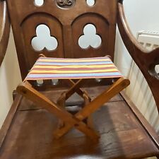 Vintage Teak Folding Stool With Retro Stripped Fabric Top 1950s-60s Great Design