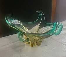 Centrepiece Green Amber Vintage Glass Art Murano Bowl