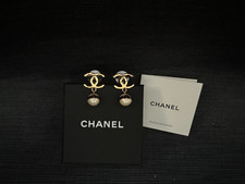 Chanel 24S GOLD METAL CC GLASS PEARL DANGLE Stud Earrings NEW Authentic Jewelery
