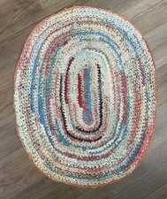 Vintage Crocheted Rag Rug, 39" Oval, Red Blue Cream Rose, Cotton Blend Handmade