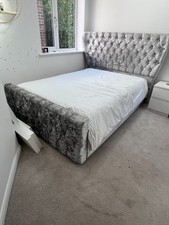 Curved Chesterfield double bed  silver crushed velvet diamante diamond headboard