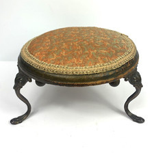 Antique Cast Iron & Wood Foot Stool Georgian Style Upholstered 3 Legs Tapestry
