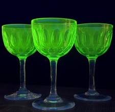 Antique Lens Cut Vaseline/Uranium Glass Wine Glasses X 3 c1900