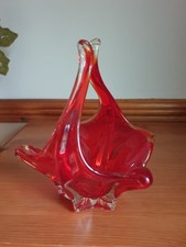 VINTAGE MURANO STYLE RED & CLEAR GLASS BOWL /  BASKET