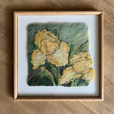Felt Work Needle Felted Wool Picture Framed Yellow Flowers Large 48cm x 48cm