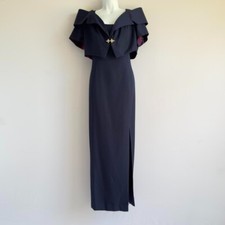 ALEX EVENINGS 2pc Navy Satin Portrait Collar Bolero Jacket + Dress SET 10 Brooch