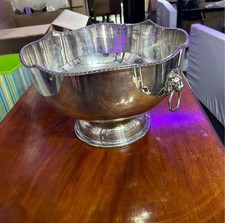 SILVER PLATED PUNCH BOWL with Lions Heads 1960’s Antique Silver Plate Bowl